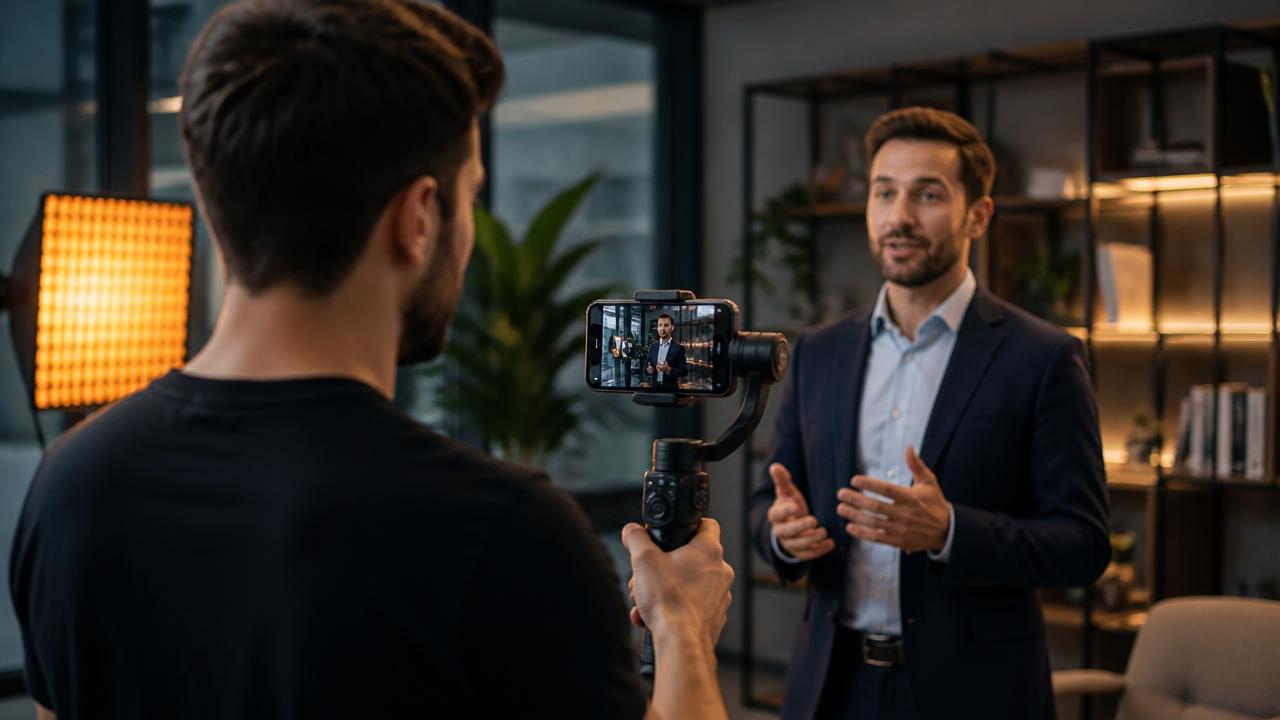 Profissional gravando um empresário com smartphone em ambiente comercial