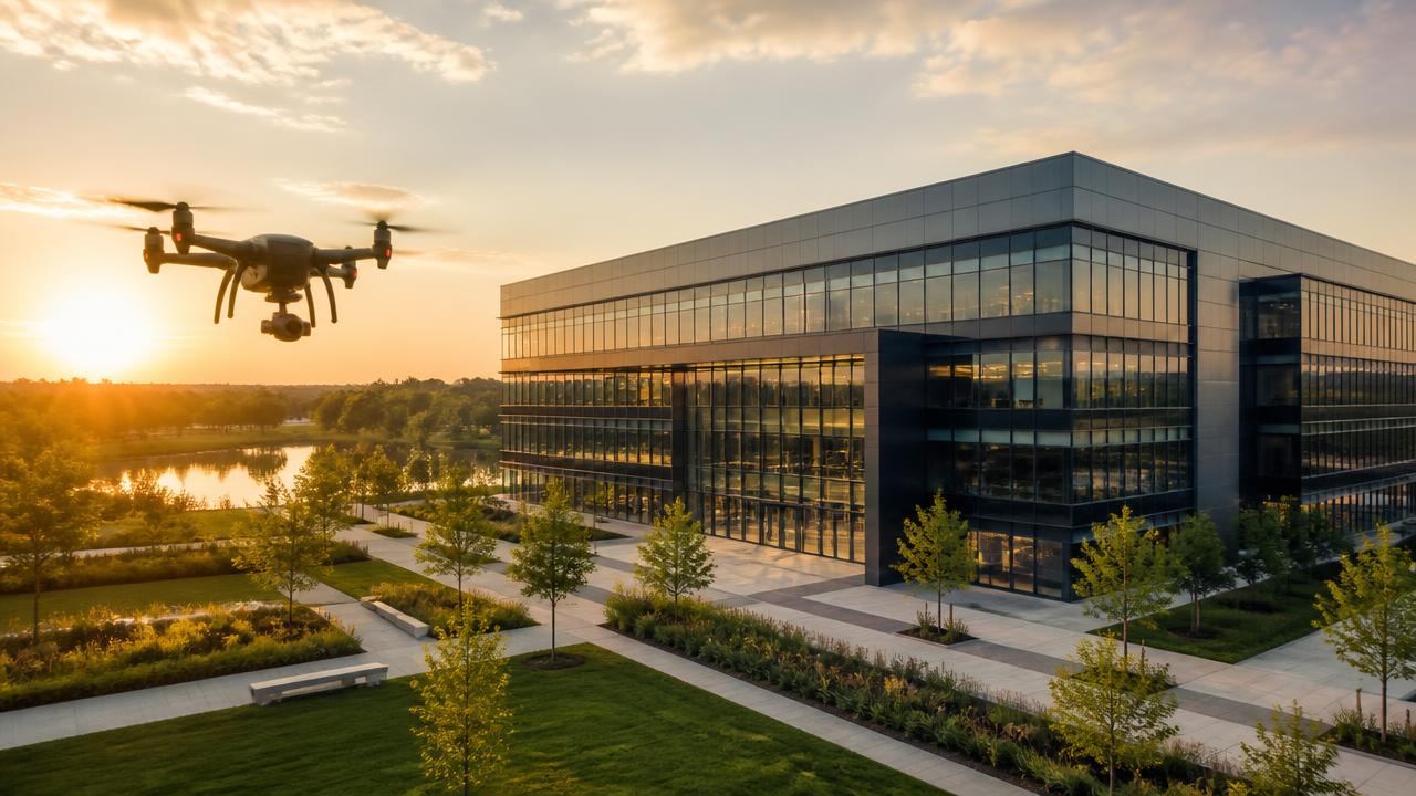Captação aérea com drone da sede de uma empresa em contexto institucional
